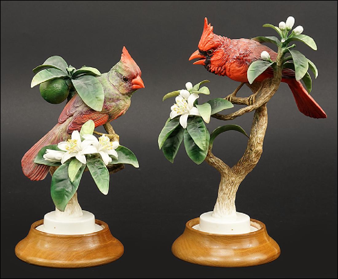 A Pair of Dorothy Doughty for Royal Worcester Porcelain: A Pair of Dorothy Doughty for Royal Worcester Porcelain Red Cardinals with Orange Blossoms. Edition of 500, circa 1937. With fitted wood bases and original crates Taller with base: 12"