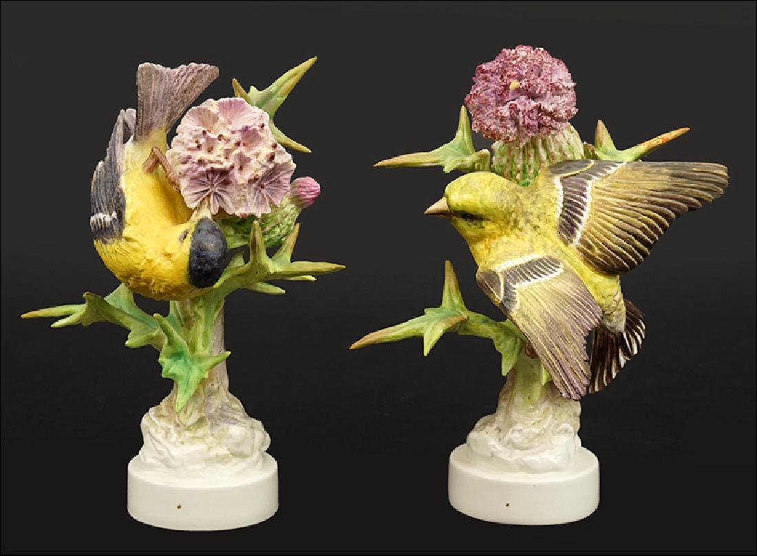 A Pair of Dorothy Doughty for Royal Worcester Porcelain: A Pair of Dorothy Doughty for Royal Worcester Porcelain Goldfinches with Thistle. Edition of 250, circa 1936. With original crates Height: 8"