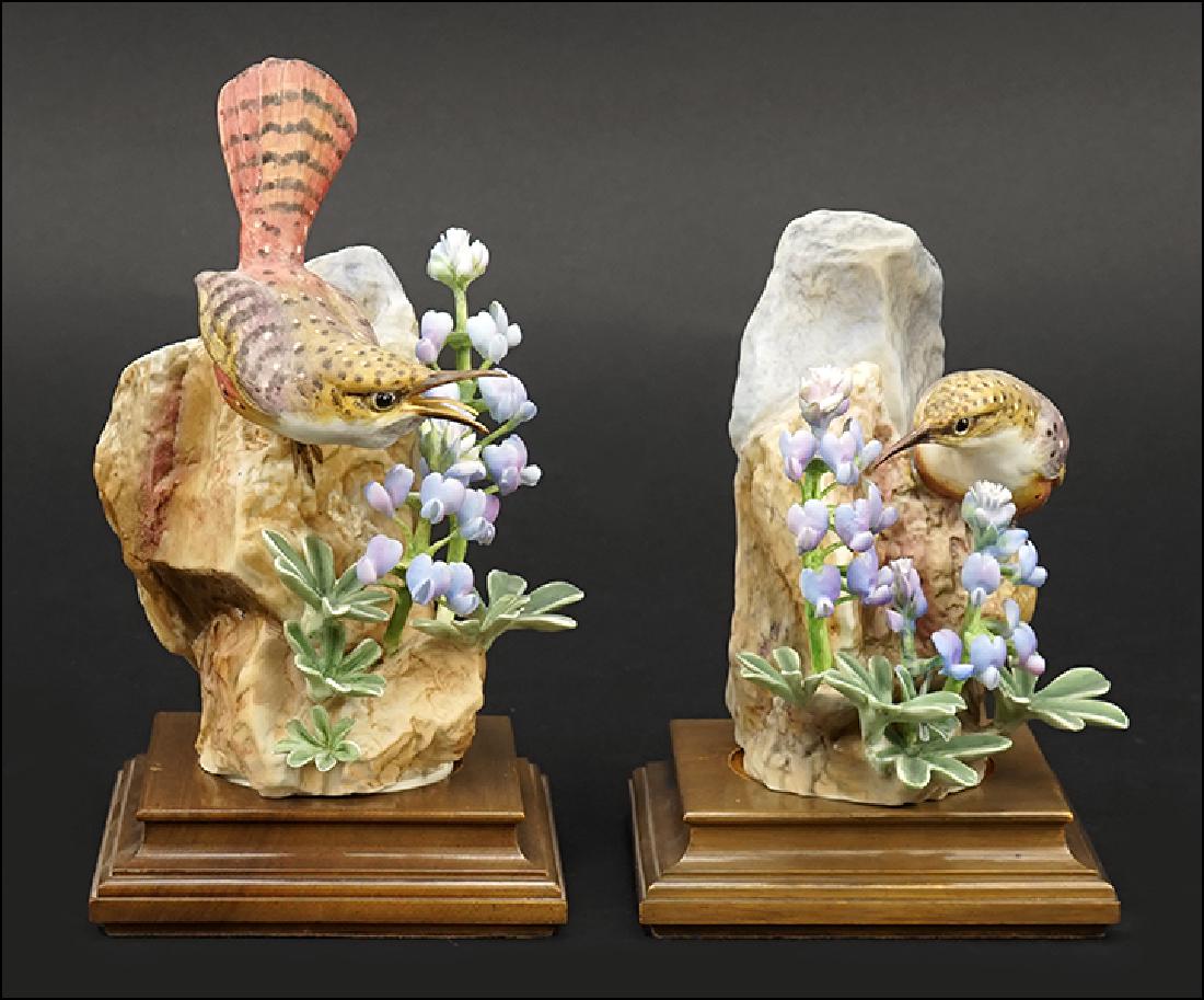 A Pair of Dorothy Doughty for Royal Worcester Porcelain: A Pair of Dorothy Doughty for Royal Worcester Porcelain Canyon Wrens with Wild Lupin. Edition of 500, circa 1961. With fitted wood bases and original crates Taller with base: 9"