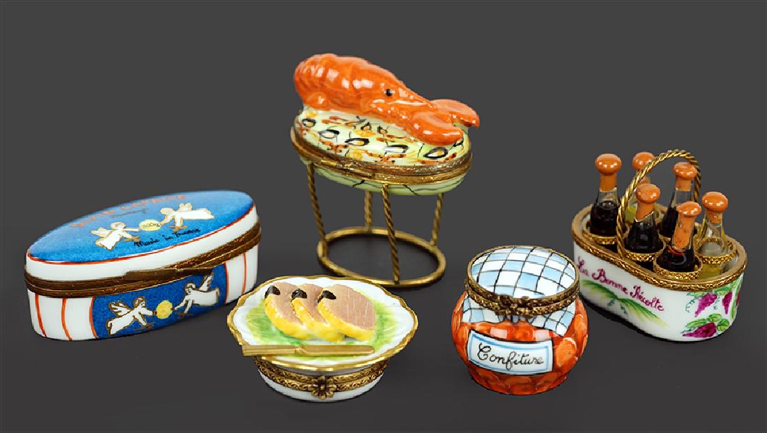 Five Limoges Boxes.: Five Limoges Boxes. Painted porcelain boxes depicting a basket of wine bottles, a pot of jam, a lobster, a plate of pate, and a package of cheese Lobster box: 2.5" x 2.25" x 1.5"