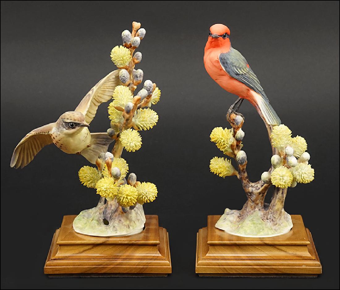 A Pair of Dorothy Doughty for Royal Worcester Porcelain: A Pair of Dorothy Doughty for Royal Worcester Porcelain Vermillion Flycatchers with Pussywillow. Edition of 500, circa 1963. With fitted wood bases and original crates Taller with base: 9.75"