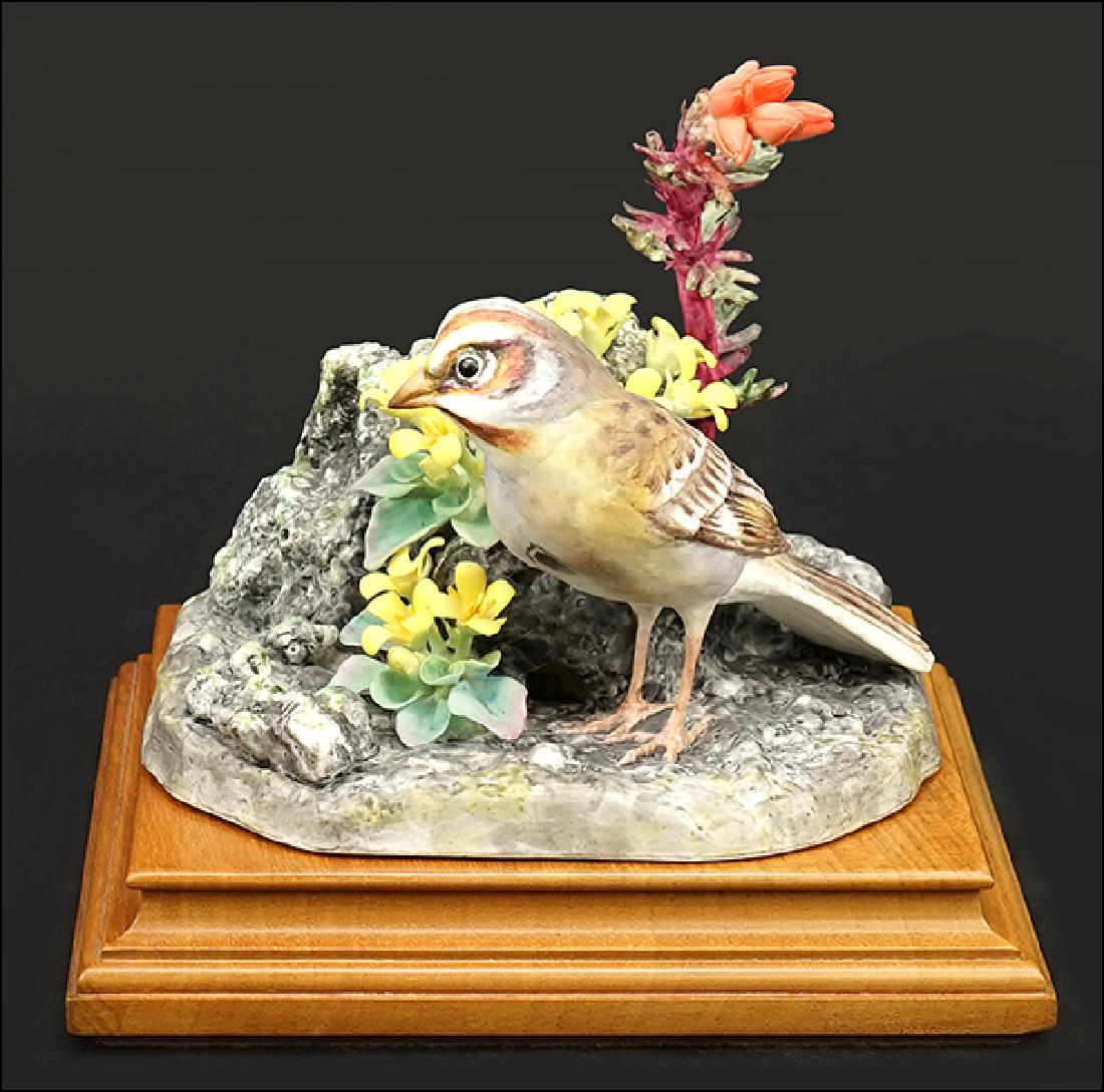 A Dorothy Doughty for Royal Worcester Porcelain Lark: A Dorothy Doughty for Royal Worcester Porcelain Lark Sparrow with Twin Pod and Red Gila. Edition of 500, circa 1966. With fitted wood base and original crate Overall: 6.5" x 7.25" x 7.25"