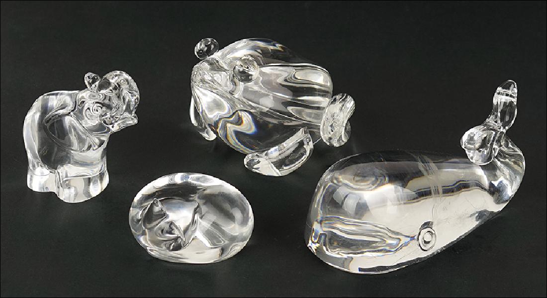 A Collection of Steuben Glass Animals.: A Collection of Steuben Glass Animals. Comprising a frog, a whale, a cat, and an elephant Frog: 3" x 3.5" x 5"