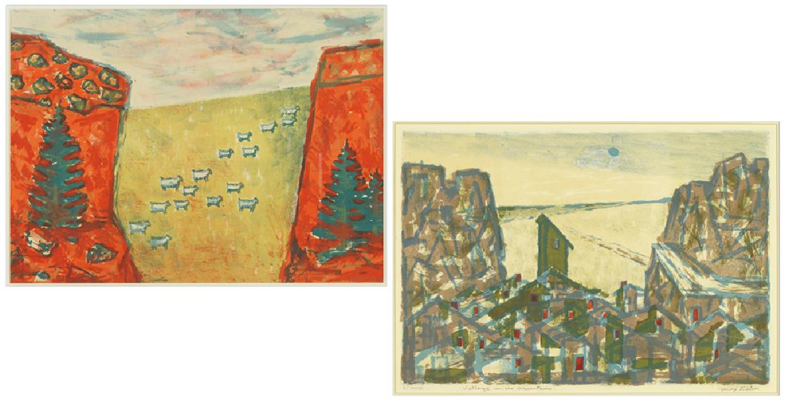 Max Kahn (American, 1903-2005) Two Color Lithographs.: Max Kahn (American, 1903-2005) Two Color Lithographs. 'Village in the Mountains' and 'Landscape with Sheep', each pencil signed lower right and inscribed '21 imp' and '22 imp' Each: 13" x 19.25" Frame