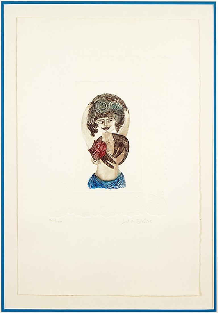 Judith Bledsoe (American, B. 1928) Girl and Cat.: Judith Bledsoe (American, B. 1928) Girl and Cat. Color etching and aquatint. Pencil signed lower right and numbered 20/150. With full margins, the sheet is 19.75" x 13" Sight: 11.5" x 8.5" Frame: 26.7