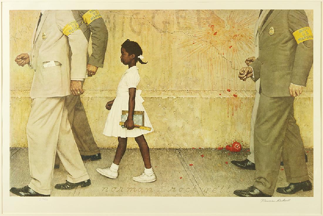 Norman Rockwell (American, 1894-1978) The Problems We: Norman Rockwell (American, 1894-1978) The Problems We All Live With. Color offset lithograph, 1973. Pencil signed lower right and numbered J56/100. Published by Circle Gallery, Ltd Sight: 23.5" x 38.2