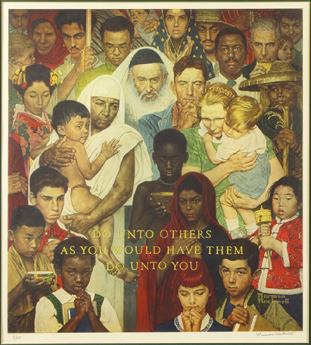 Norman Rockwell (American, 1894-1978) Do Unto Others.: Norman Rockwell (American, 1894-1978) Do Unto Others. Color offset lithograph. Pencil signed lower right and numbered 8/200 Sight: 27.25" x 25.25" Frame: 40.5" x 37"