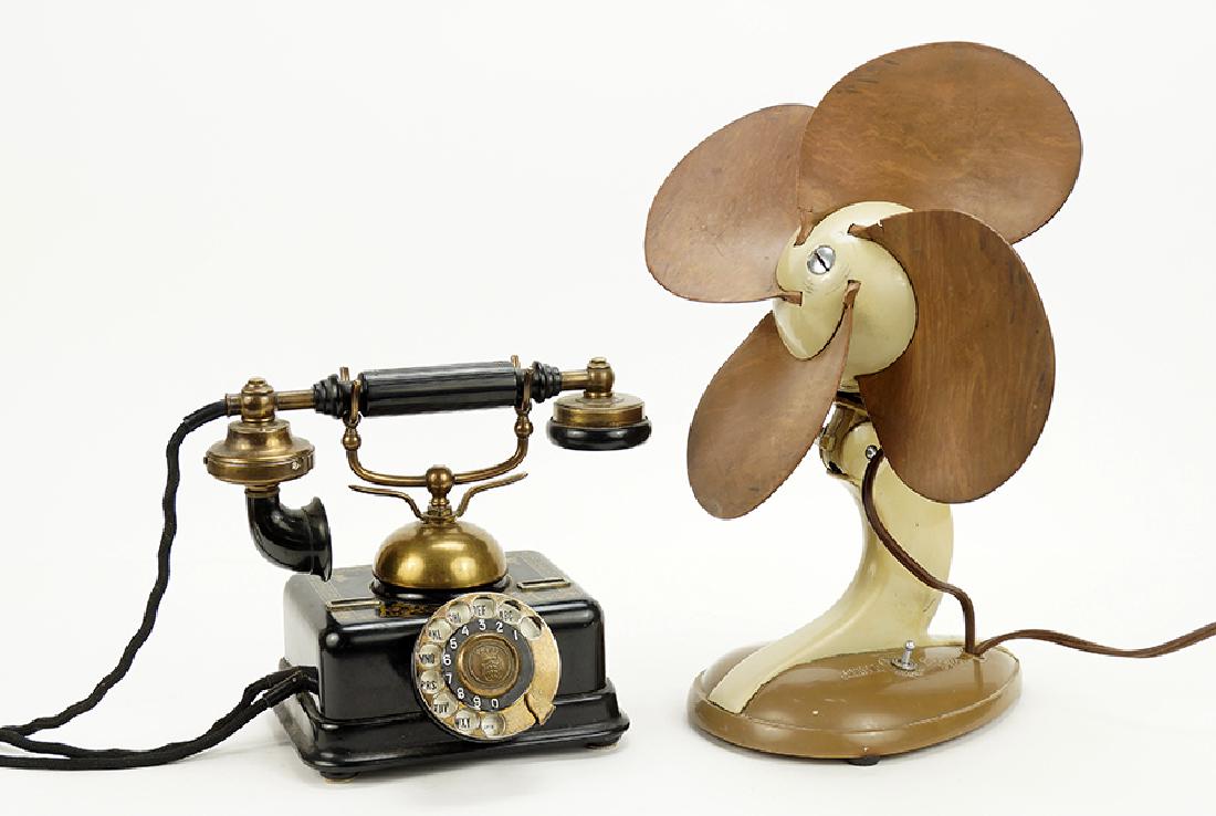 Danish KJobenhavns Telefon Aktieselskab Rotary Cradle: Danish KJobenhavns Telefon Aktieselskab Rotary Cradle Phone. Together with a Samsun Safe-flex vintage fan