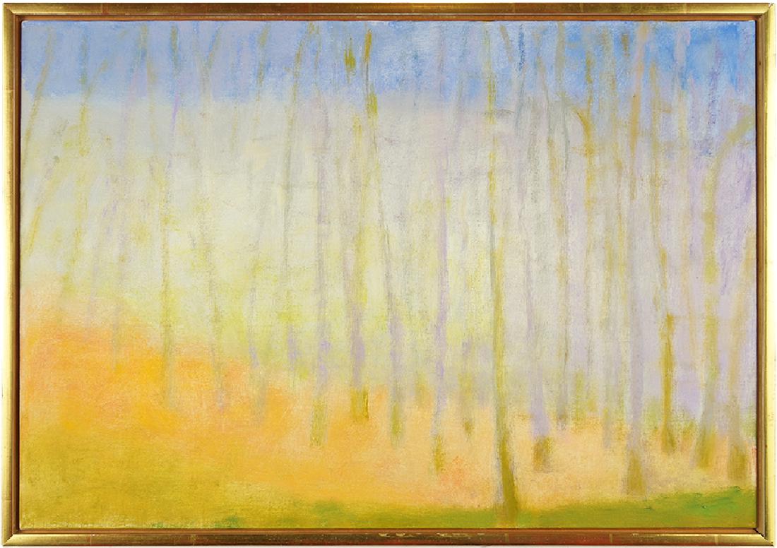 Wolf Kahn (American, B. 1927) Cypress Row.: Wolf Kahn (American, B. 1927) Cypress Row. Oil on canvas, titled on stretcher and dated '2001/16' 16" x 23" Frame: 17" x 24"
