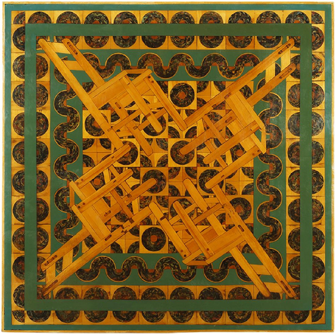 Margaret Wharton (American, 1943-2014) Kaleidoscope.: Margaret Wharton (American, 1943-2014) Kaleidoscope. Oil on inlaid wood panel, signed en verso, dated 1993 and titled, unframed 58" x 58"