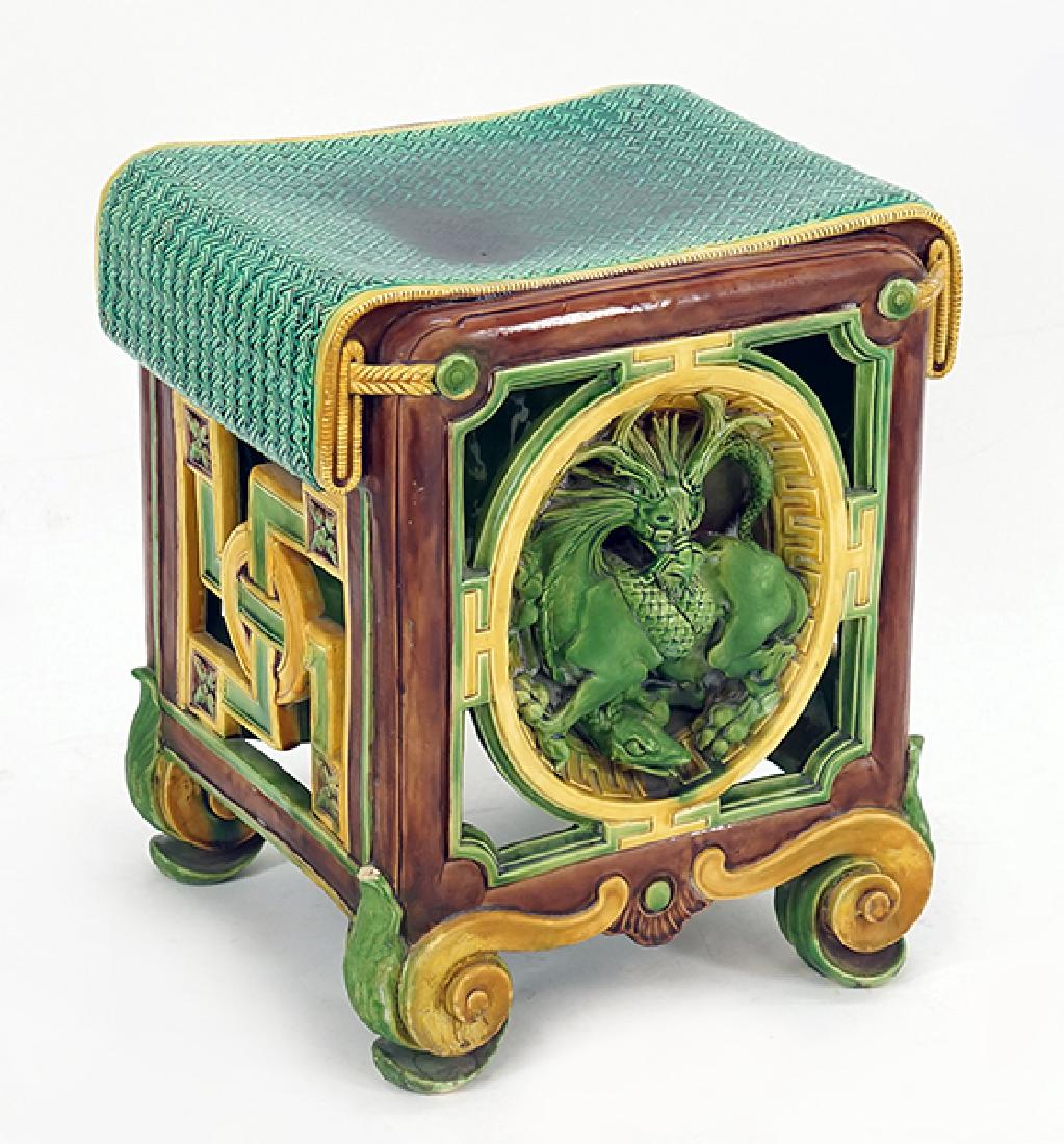 A Minton Majolica Garden Seat.: A Minton Majolica Garden Seat. Shape number 786. Underside is stamped "Minton" 19" x 16" x 14"