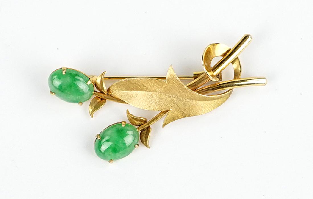 A Jade and 14 Karat Yellow Gold Brooch. (1 of 1)