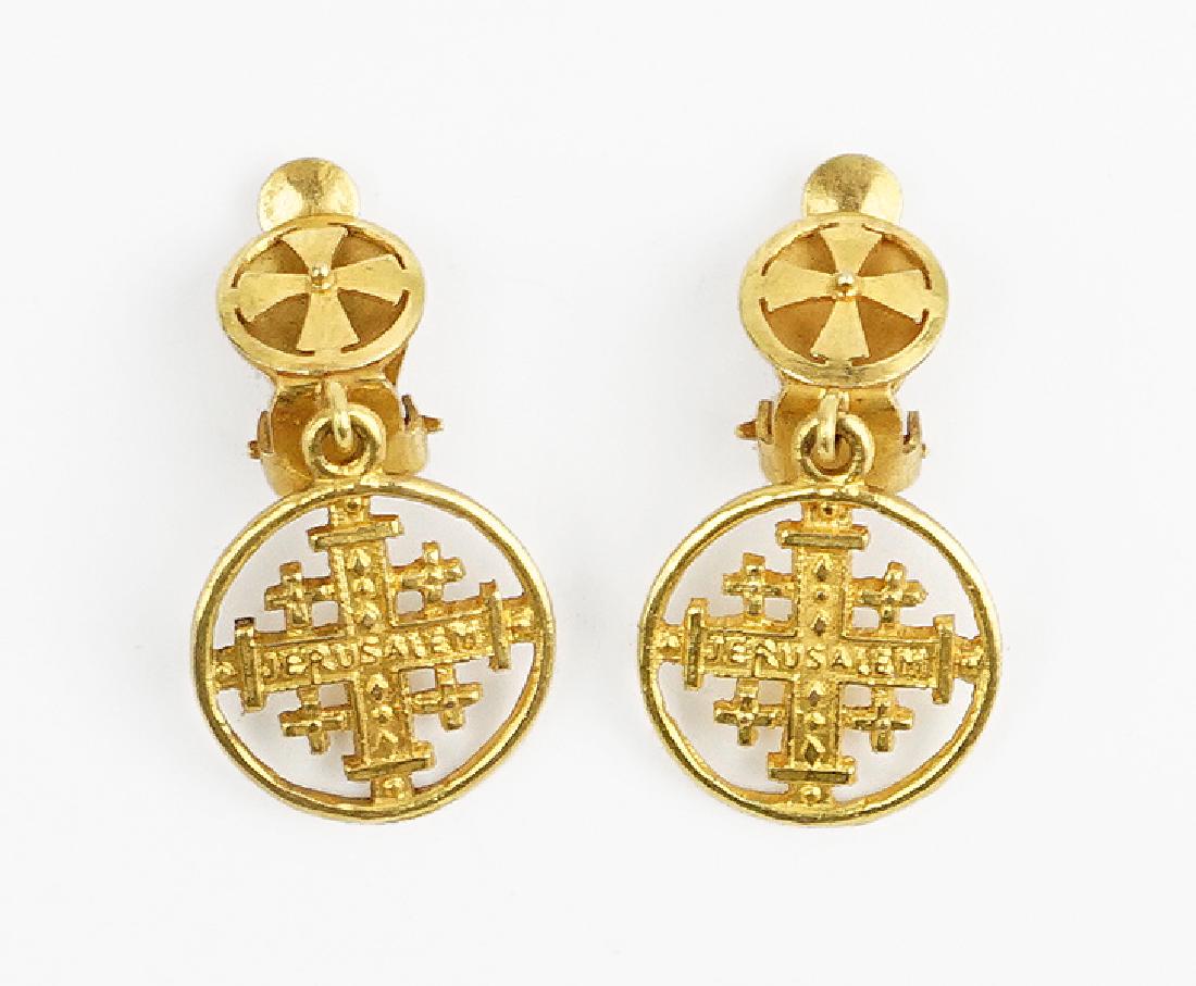 A Pair of 18 Karat Yellow Gold Earclips.: A Pair of 18 Karat Yellow Gold Earclips. Jerusalem cross form gold drops are suspended from a cross form clip Wt: 7.3 grams