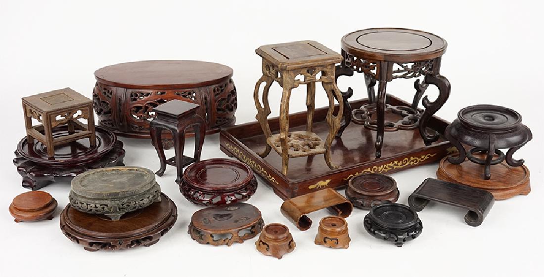 A Collection of Chinese Wood Stands.: A Collection of Chinese Wood Stands. Together with a Chinese rectangular inlaid wood tray Largest: 6.5" x 8"