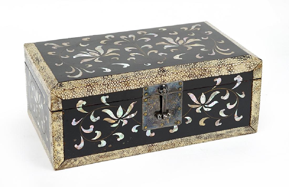 A Japanese Jewelry Box.: A Japanese Jewelry Box. With sharkskin trim and mother-of-pearl inlay 4" x 10" x 6"