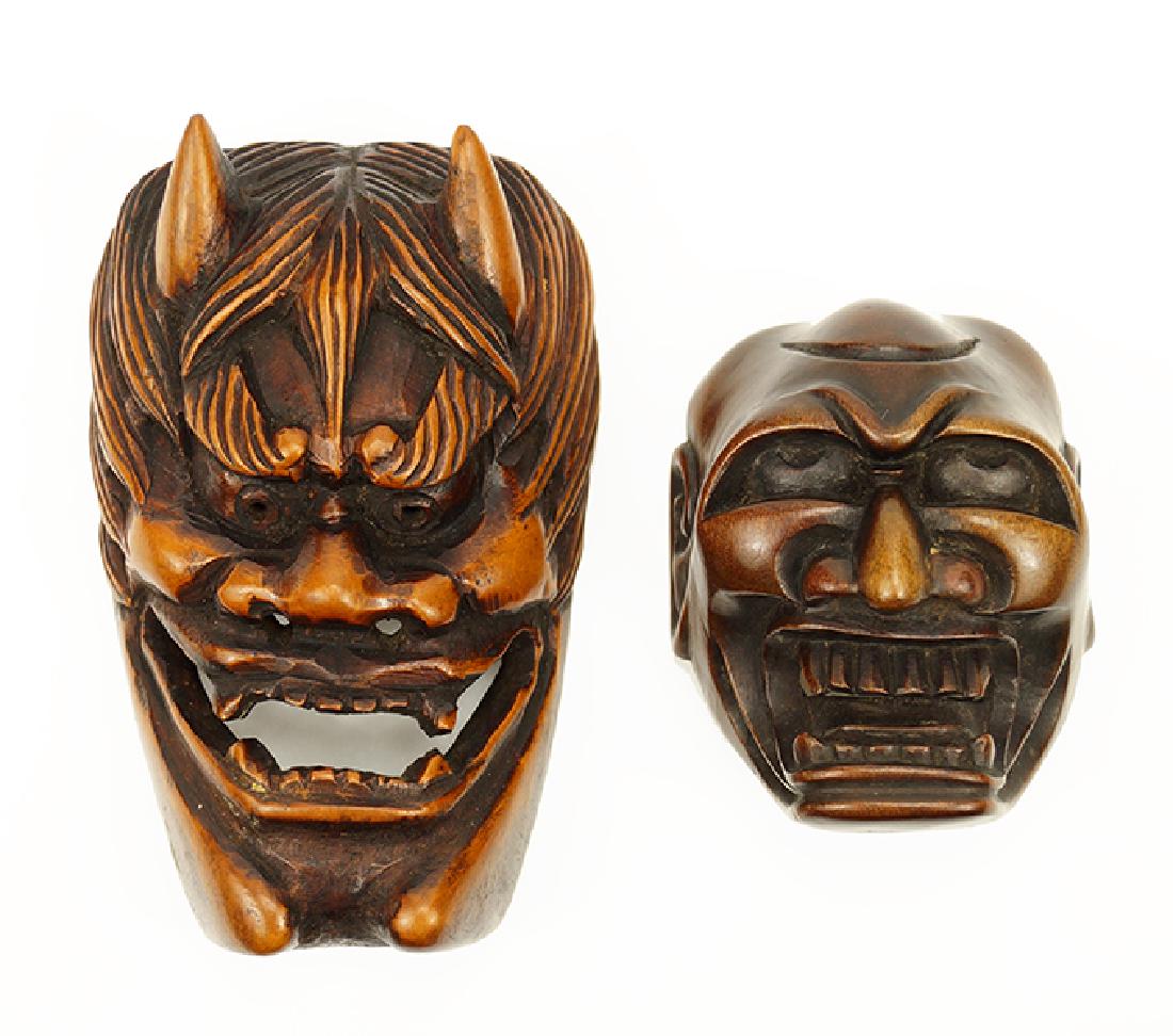 Two Carved Hardwood Mask Netsukes. (1 of 1)