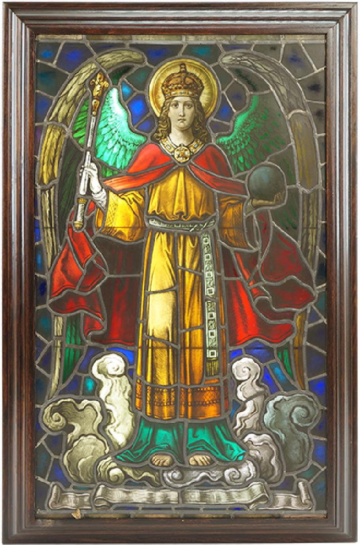A Stained Glass Window.: A Stained Glass Window. Contained in a backlit shadow box style frame frame: 52" x 33" x 5"