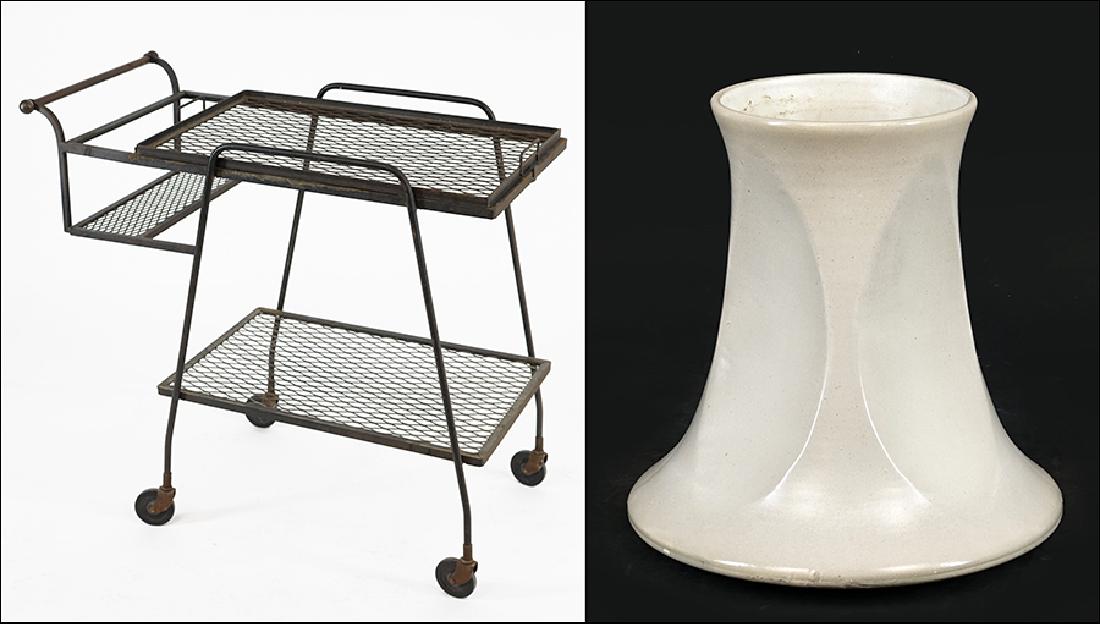 A Metal Bar Cart.: A Metal Bar Cart. Raised on four wheels with removable tray. Together with glazed ceramic planter Bar Cart: 30.5" x 33.5" x 16.5"