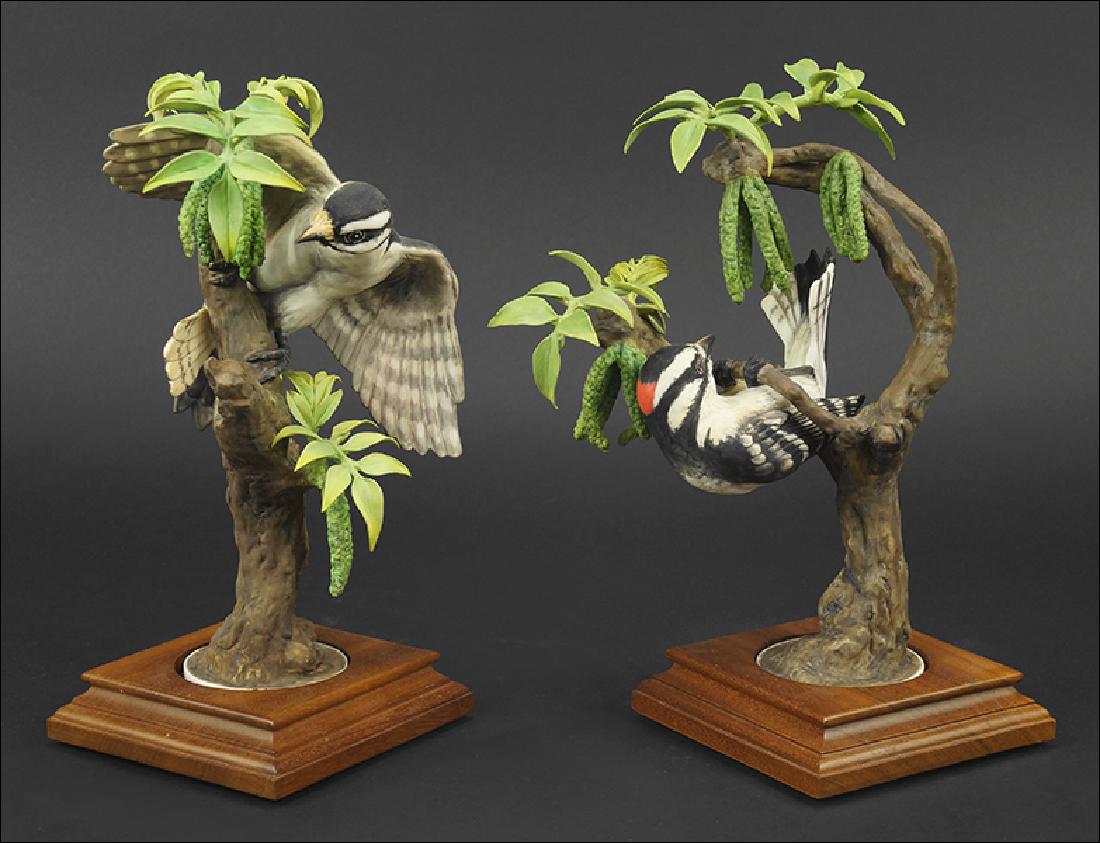 A Pair of Dorothy Doughty for Royal Worcester Porcelain: A Pair of Dorothy Doughty for Royal Worcester Porcelain Little Downy Woodpeckers. Edition of 400, circa 1967, with wood base ht: 10.5"