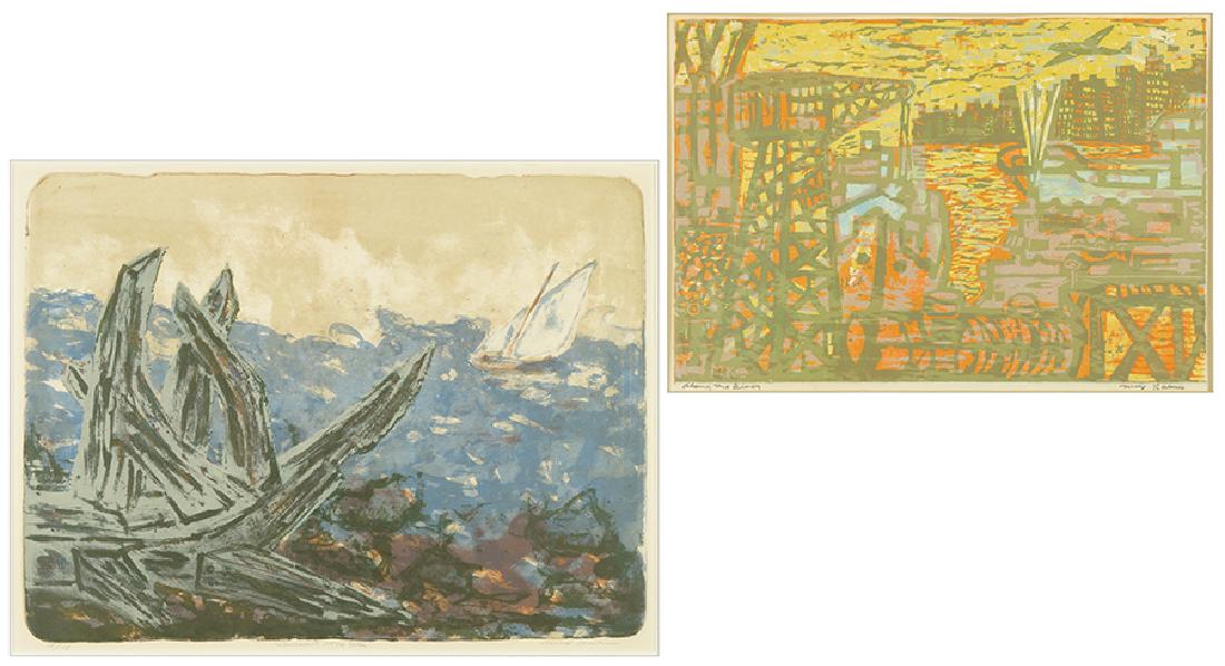 Max Kahn (American, 1903-2005) Two Works.: Max Kahn (American, 1903-2005) Two Works. 'Along the River', a color woodcut and 'Monument by the Sea', a color lithograph. Each pencil signed lower right, titled, and the second numbered 14/15. Prove