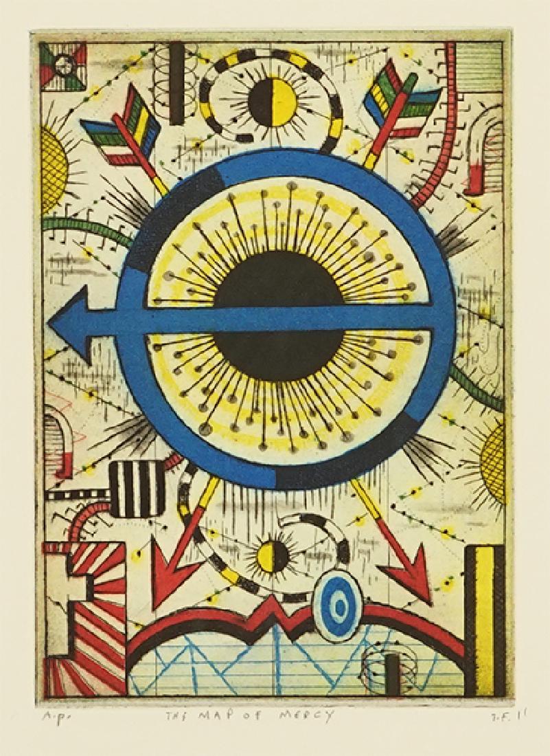 Tony Fitzpatrick (American, B. 1958) The Map of Mercy.: Tony Fitzpatrick (American, B. 1958) The Map of Mercy. Color etching. Initialed and dated "T.F. 11" lower right. Titled and numbered "A.P." along lower margin Sight: 10.5" x 8.5" Frame: 12" x 10"
