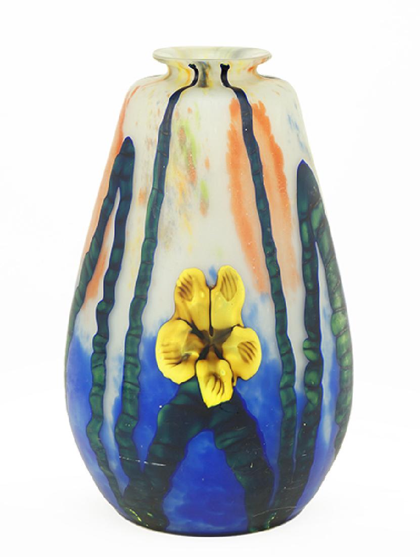 A Czech Art Glass Vase.: A Czech Art Glass Vase. Blown mottled blue, green, yellow, and red glass with a daffodil motif 14.25" x 8"