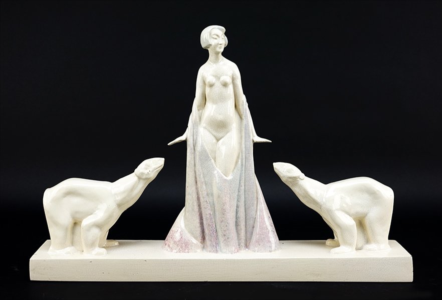 J. Fabre Ceramic Figural Sculpture Depicting a Nude: J. Fabre Ceramic Figural Sculpture Depicting a Nude with Two Polar Bears. France, c. 1927, Edition Kaza H: 16" W: 24" D: 4"