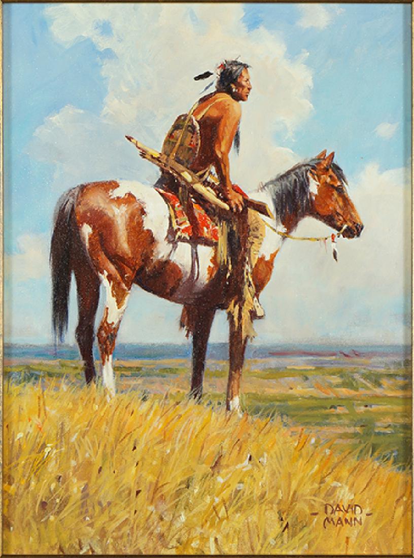 David Mann (American, B. 1948) Scout's Watch.: David Mann (American, B. 1948) Scout's Watch. Oil on canvas, signed lower right. Provenance: Settler's West Miniatures Show, Tucson, AZ Canvas: 12" x 9" Frame: 16.25" x 13.25"