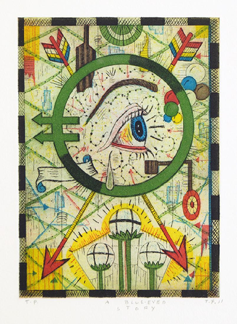 Tony Fitzpatrick (American, B. 1958) A Blue-Eyed Story.: Tony Fitzpatrick (American, B. 1958) A Blue-Eyed Story. Color etching, initialed and dated "T.F. 11" in pencil lower right. Titled lower middle, and annotated "T.P." lower left Sight: 10.5" x 8.5" Fra