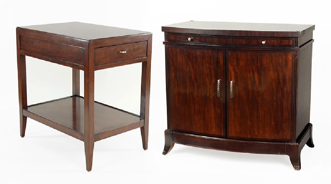 A Pair Of Woodbridge Cabinets.: A Pair Of Woodbridge Cabinets. Bowfront chest with lower storage cabinets and pull out shelves above. Together with a Woodbridge sidetable (27.25" x 18" x 26") 32.5" x 34" x 20"