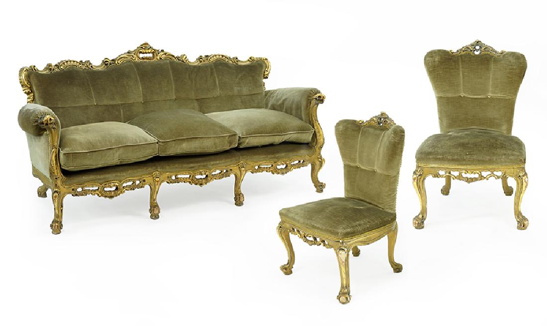 A Giltwood Parlor Suite.: A Giltwood Parlor Suite. Comprising a settee and a pair of slipper chairs (32" x 19" x 19") Settee: 37" x 76" x 32"