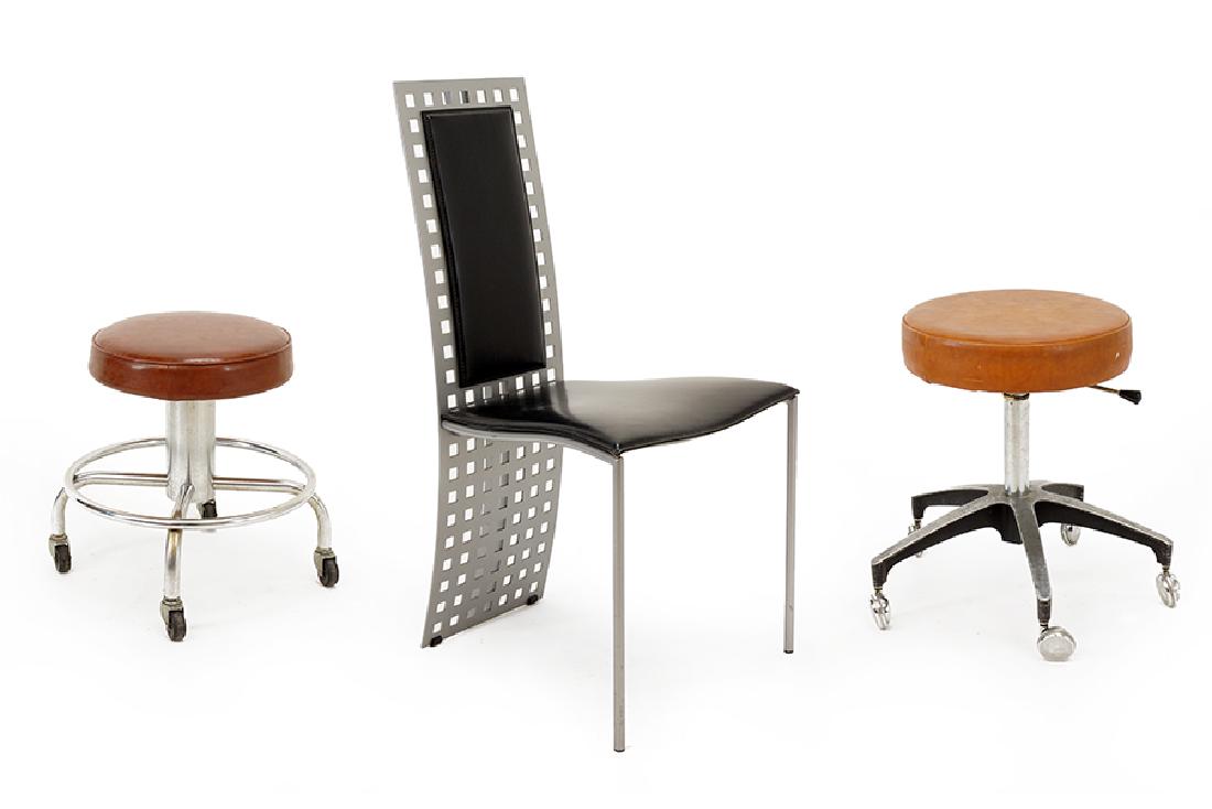 A Contemporary Metal Side Chair.: A Contemporary Metal Side Chair. Together with two Mid-Century swivel top stools Chair back height: 37"