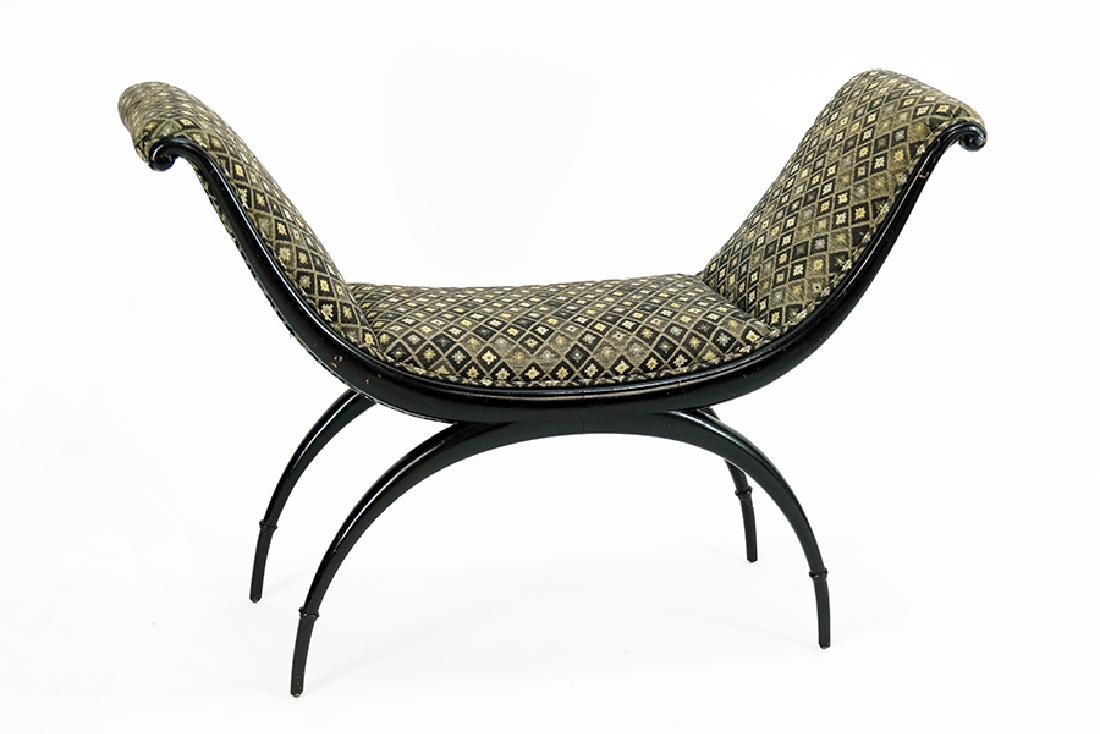 A Window Seat.: A Window Seat. Ebony "X" form frame with rolled arms 30" x 43" x 13.5"
