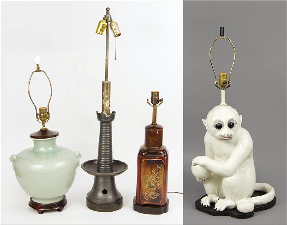 A Collection Of Table Lamps.: A Collection Of Table Lamps. Comprising a celadon glazed ceramic table lamp, a monkey form glazed ceramic table lamp, a Frederick Cooper painted wood table lamp, and a patinated metal table lamp Monke