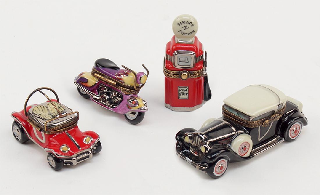 A Collection of Limoges Porcelain Boxes.: A Collection of Limoges Porcelain Boxes. Comprising a motorcycle, a gas pump, a dune buggy, and a car (1.5" x 4" x 1.5"
