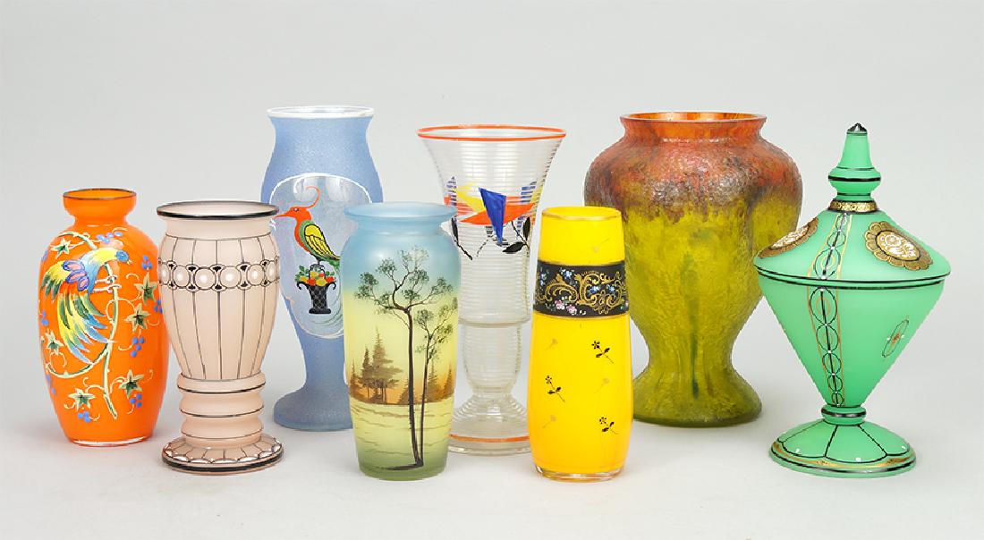 A Collection Of Czech Glass.: A Collection Of Czech Glass. Comprising seven vases and one vase with a lid Tallest: 8.5"