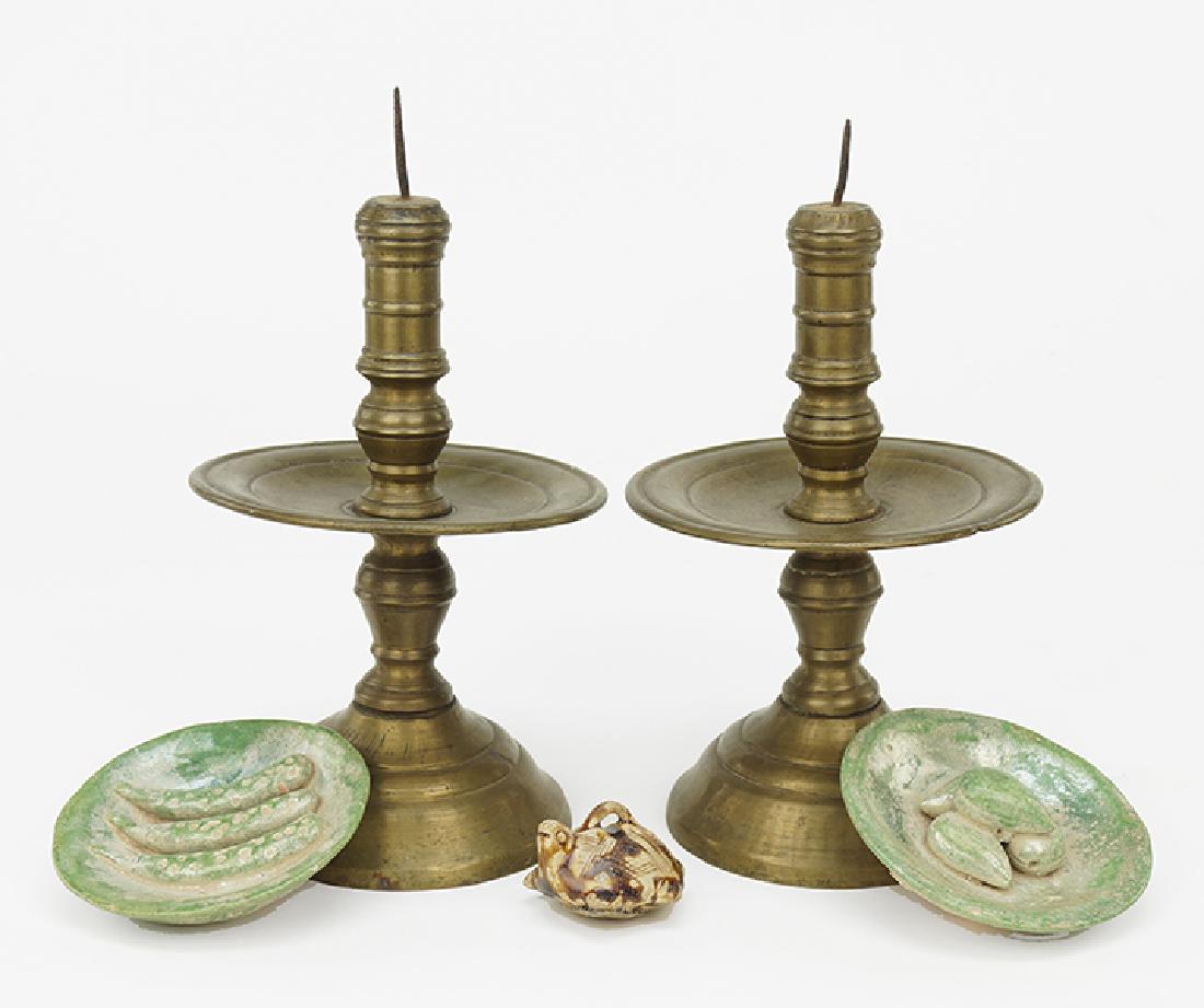 A Pair of Brass Candle Prickets.: A Pair of Brass Candle Prickets. Together with two green glazed ceramic decorative objects, and a ceramic turtle form pendant Pricket height: 10"