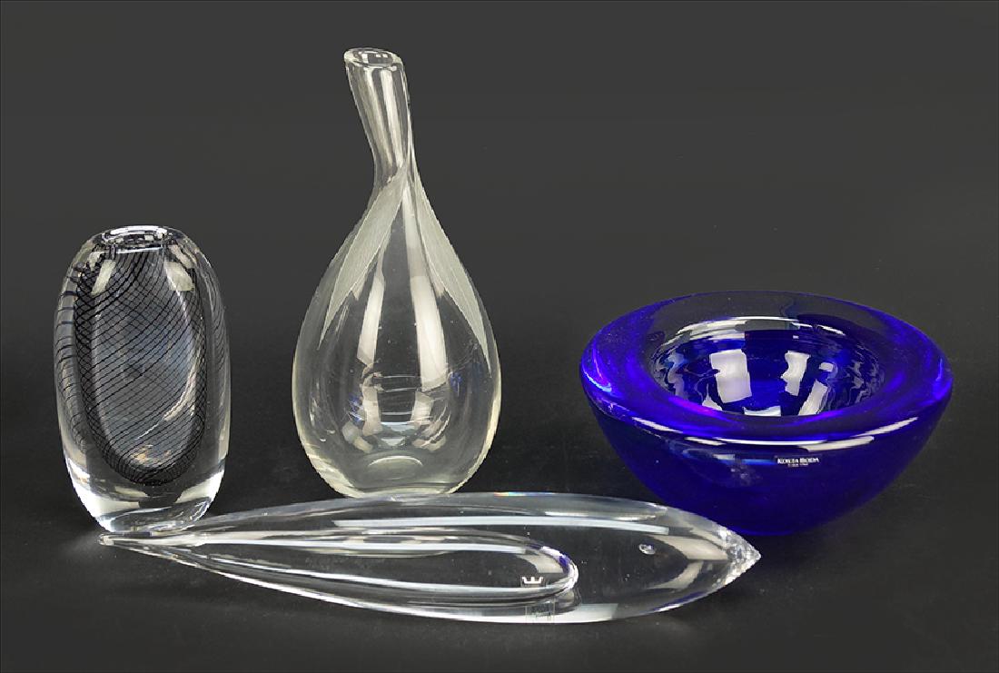 Vicke Lindstrand (Swedish, 1904-1983) Three Pieces of: Vicke Lindstrand (Swedish, 1904-1983) Three Pieces of Kosta Boda Glass. Comprising a fish, a clear and frosted glass vase, and a clear glass vase with internal twisted purple decoration. Together with