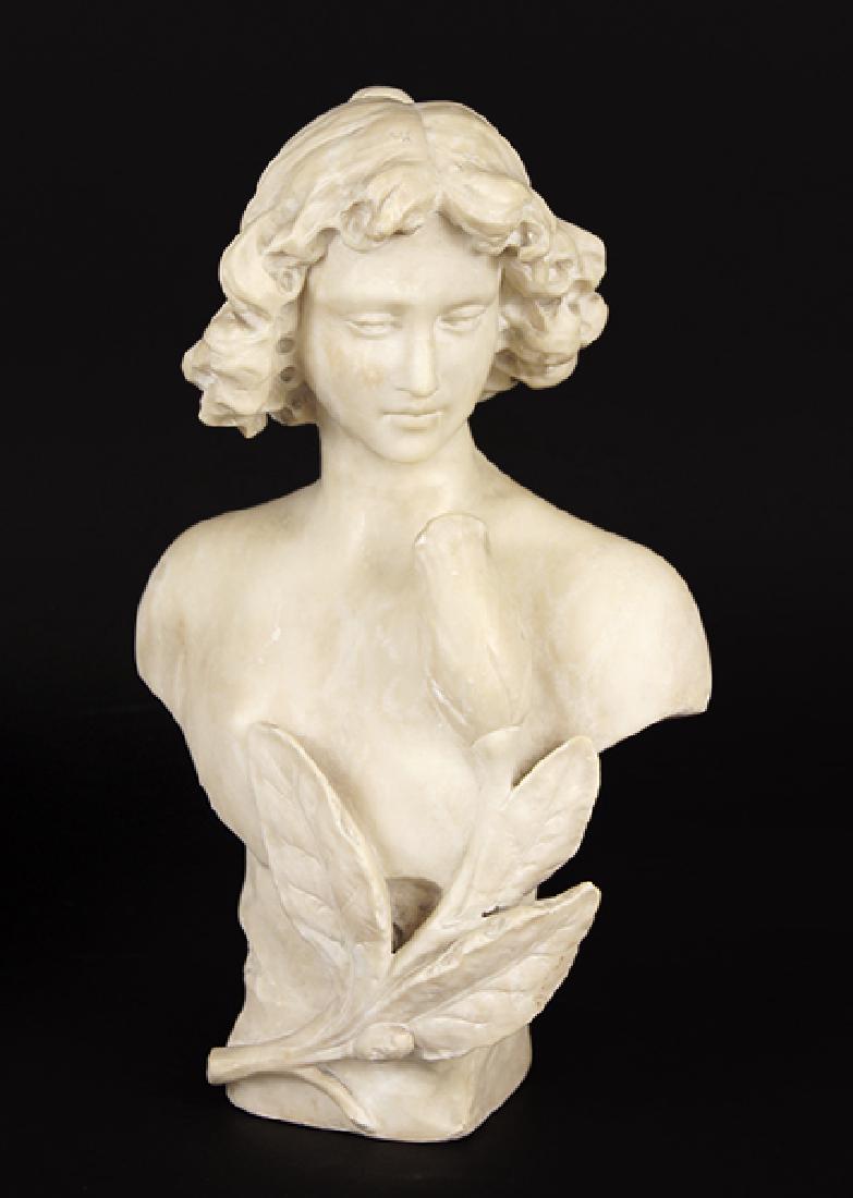 A Carved Alabaster Bust.: A Carved Alabaster Bust. Early 20th century carved alabaster bust depicting a maiden's head with floral decoration, unsigned Height: 13"