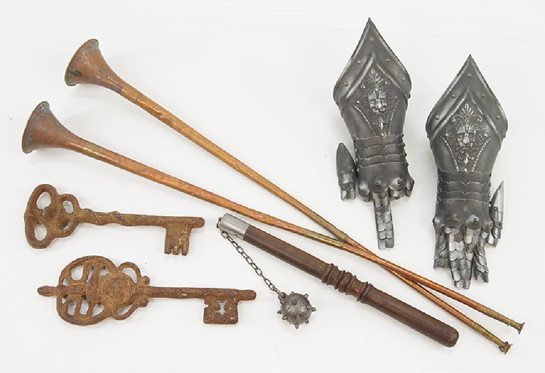 A Pair Of 20th Century Gauntlets.: A Pair Of 20th Century Gauntlets. Metal and leather gauntlets with lion decoration. Together with a 20th century chain mace, two iron decorative keys, and a pair of English copper and brass horns Horn