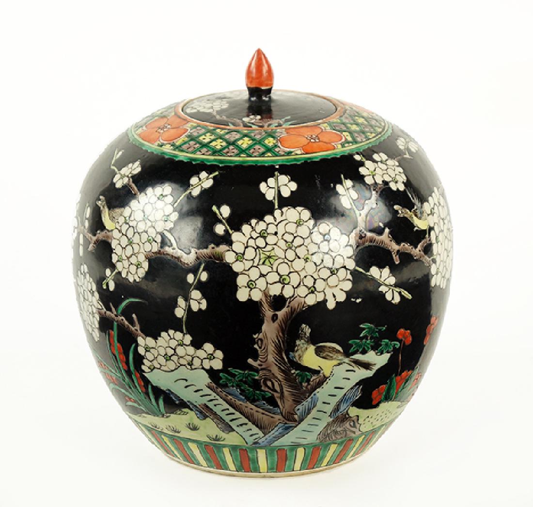 A Chinese Famille Noir Ginger Jar.: A Chinese Famille Noir Ginger Jar. Decorated with birds and foliage Height: 9.25"
