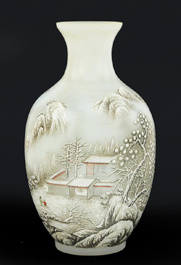 A Chinese Enameled Peking Glass Vase.: A Chinese Enameled Peking Glass Vase. Bearing a winter landscape scene with figures, with an inscription and artist's mark on the shoulder and an archaic mark on the underside Height: 7.5"