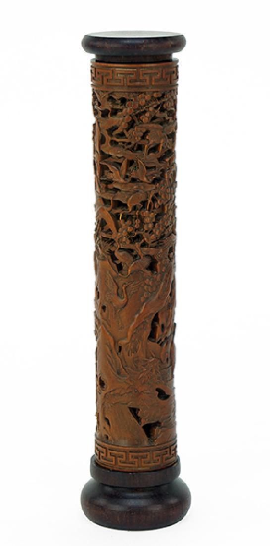 A Chinese Carved Bamboo Incense Case.: A Chinese Carved Bamboo Incense Case. Reticulated with a motif of cranes 9.75" x 2.25"