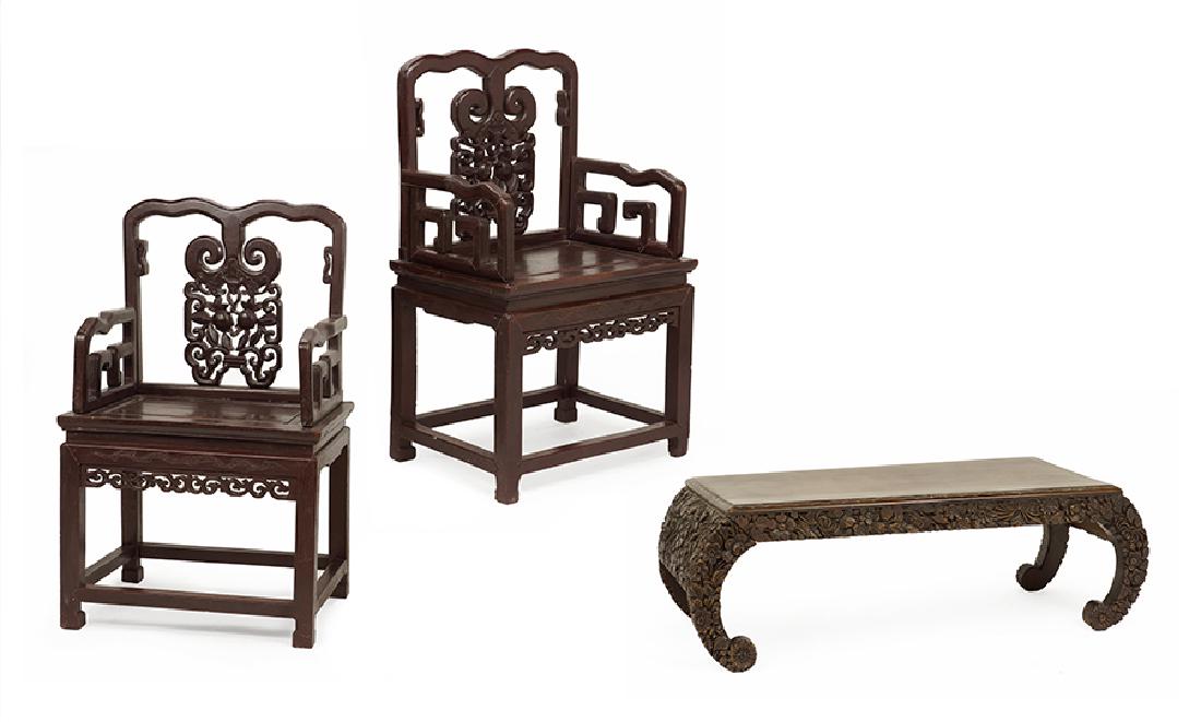 A Pair of Chinese Carved Wood Open Armchairs. (1 of 3)