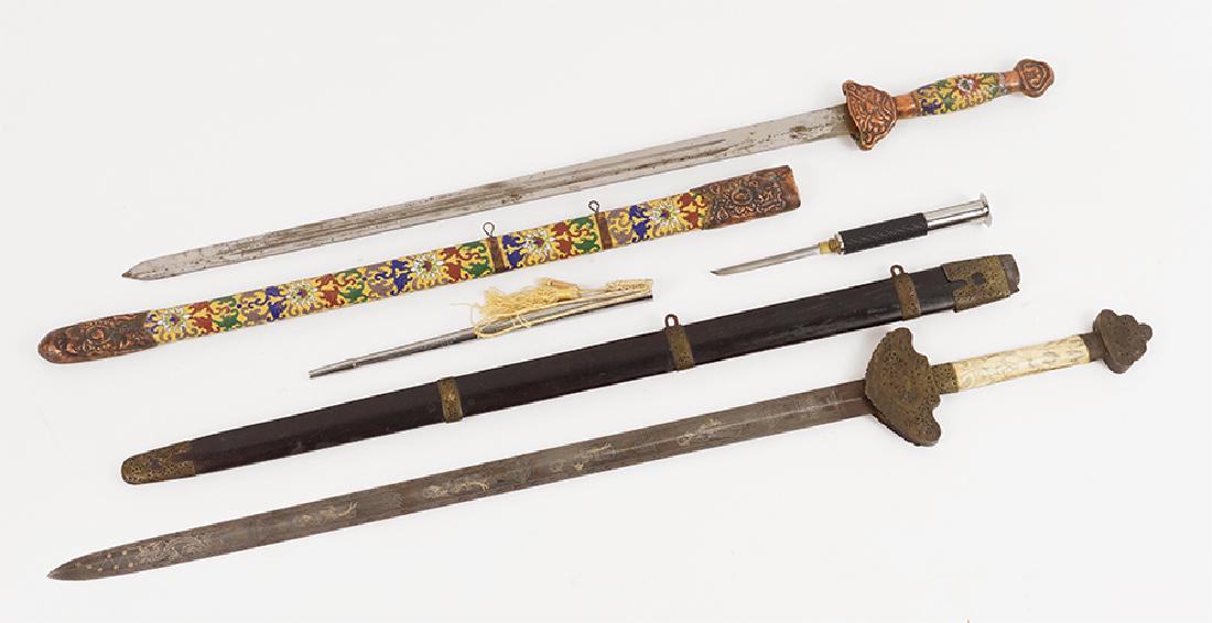 Two Decorative Chinese Jian Style Swords.: Two Decorative Chinese Jian Style Swords. One with cloisonnÃ© enamel handle and scabbard and one with a bone handle and wood scabbard. Together with a decorative ceremonial dagger engraved with a dr