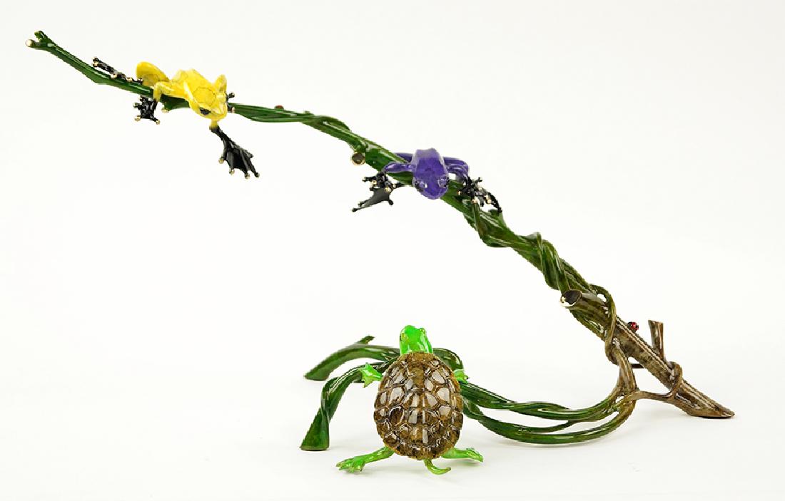 Tim Cotterill (British, B. 1950) Frogs and Turtle.: Tim Cotterill (British, B. 1950) Frogs and Turtle. Polychrome bronze sculpture of two frogs on a branch and a turtle on an opposite branch. Underside is signed and numbered "Frogman 10 Tim 319/750 EV 