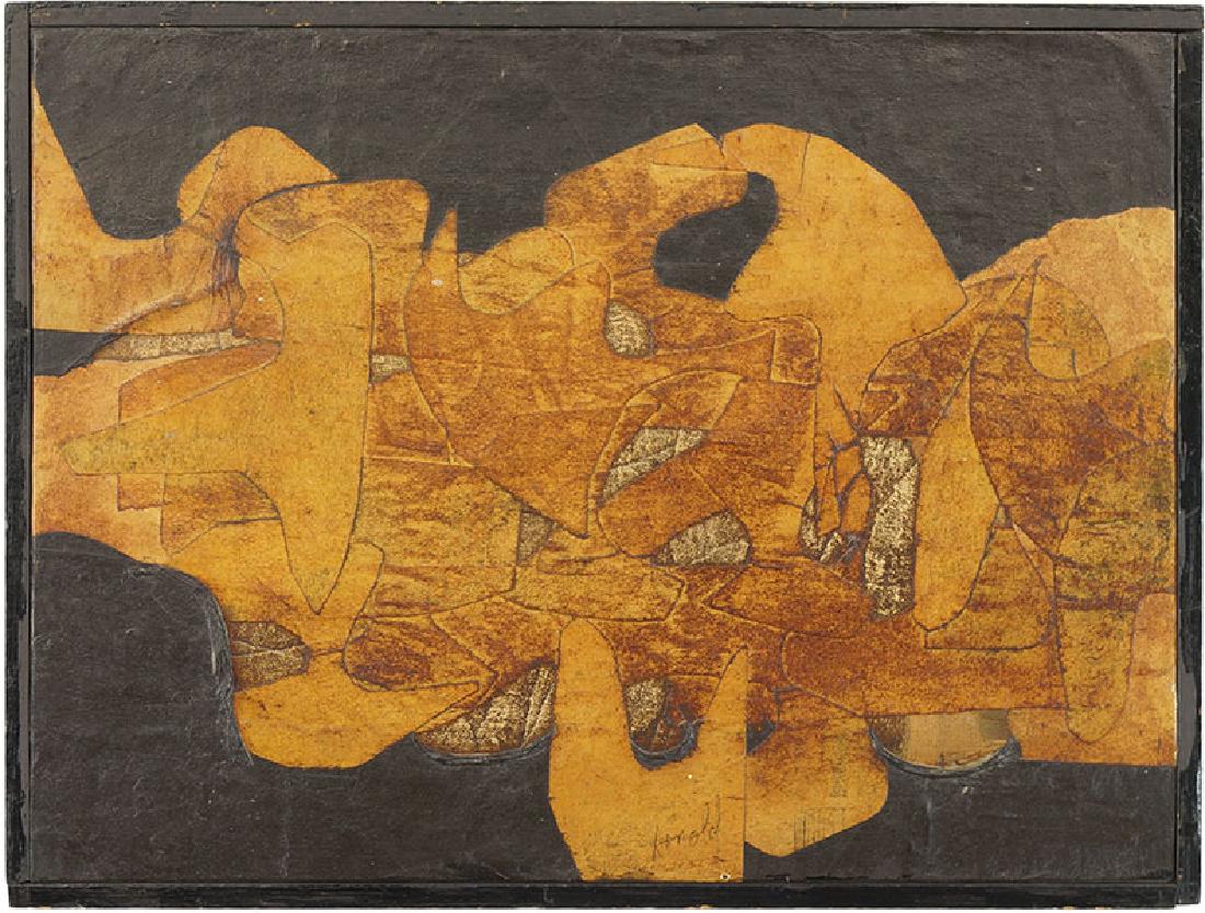 Ralph Moffett Arnold (American, 1928-2006) Untitled: Ralph Moffett Arnold (American, 1928-2006) Untitled Collage. Mixed media on board. Signed along the lower middle Sight: 9" x 12" Frame: 9.5" x 12.5"