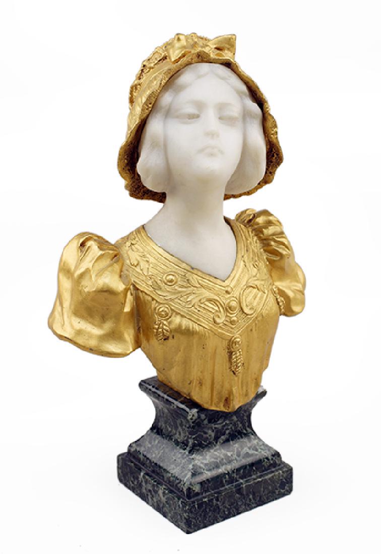 Affortunato [Fortunato] Gory (French, 1895-1925) A: Affortunato [Fortunato] Gory (French, 1895-1925) A Bust. Carved white marble bust mounted in gilt bronze, and raised on a green marble stepped base. Sleeve of blouse is signed "A. Gory Paris" Height: 