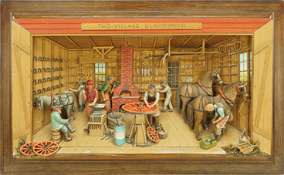 Aaron Zook (American, 1921-2003) The Village: Aaron Zook (American, 1921-2003) The Village Blacksmith. Mixed media diorama, signed and dated 1978 lower right corner of frame Diorama: 16.5" x 30.5" x 4" Frame: 21.75" x 35.75"