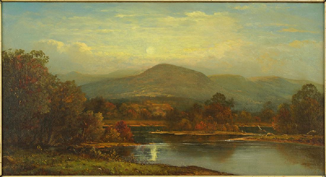 Attributed to George Inness (American, 1825-1894) A: Attributed to George Inness (American, 1825-1894) A Mountain Lake. Oil on canvas, signed lower left 12" x 22" Frame: 17" x 27"